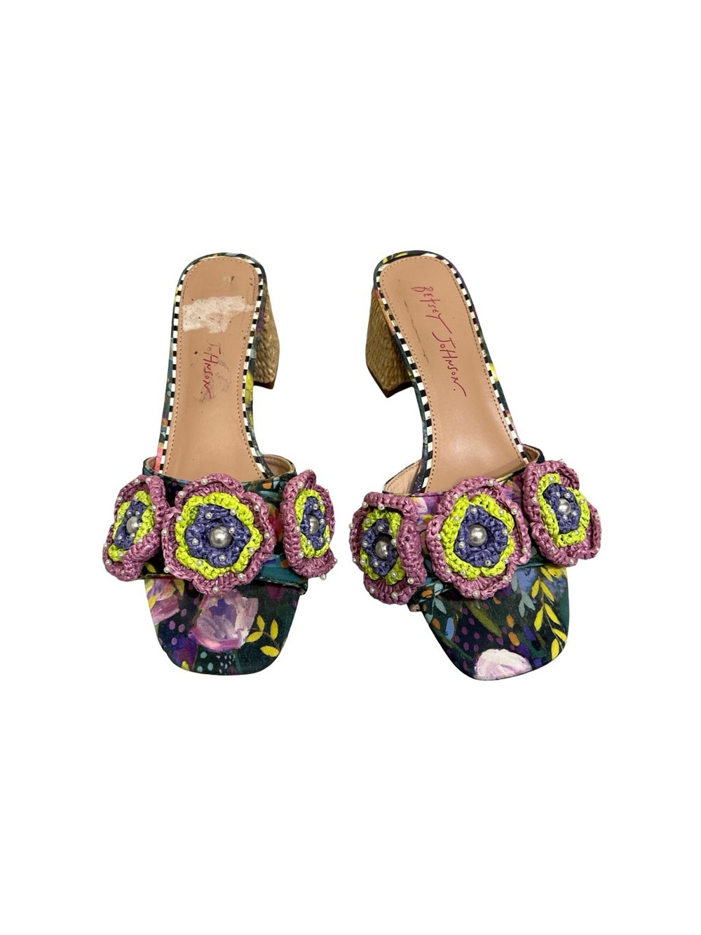 Betsey Johnson Floral Crochet Flower Slide Heels in Green, Pink & Lime 7